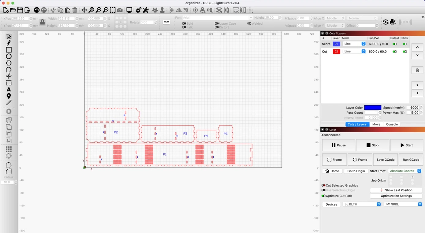 The exported organizer.lbrn2 open in LightBurn, with the five panels on a Score layer and a Cut layer