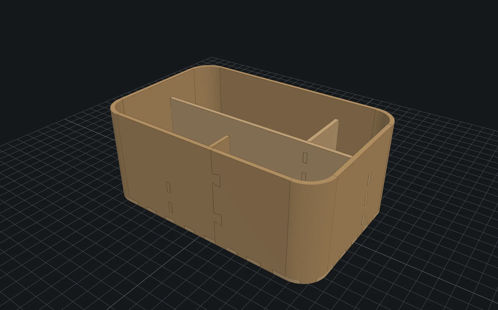 The same organizer rebuilt from five plywood panels with finger joints, slots and a living-hinge wall